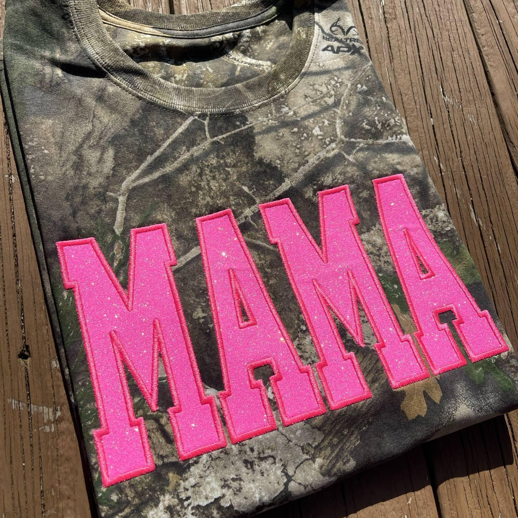 Neon Pink Mama Glitter Applique Embroidered Realtree Camo T-Shirt