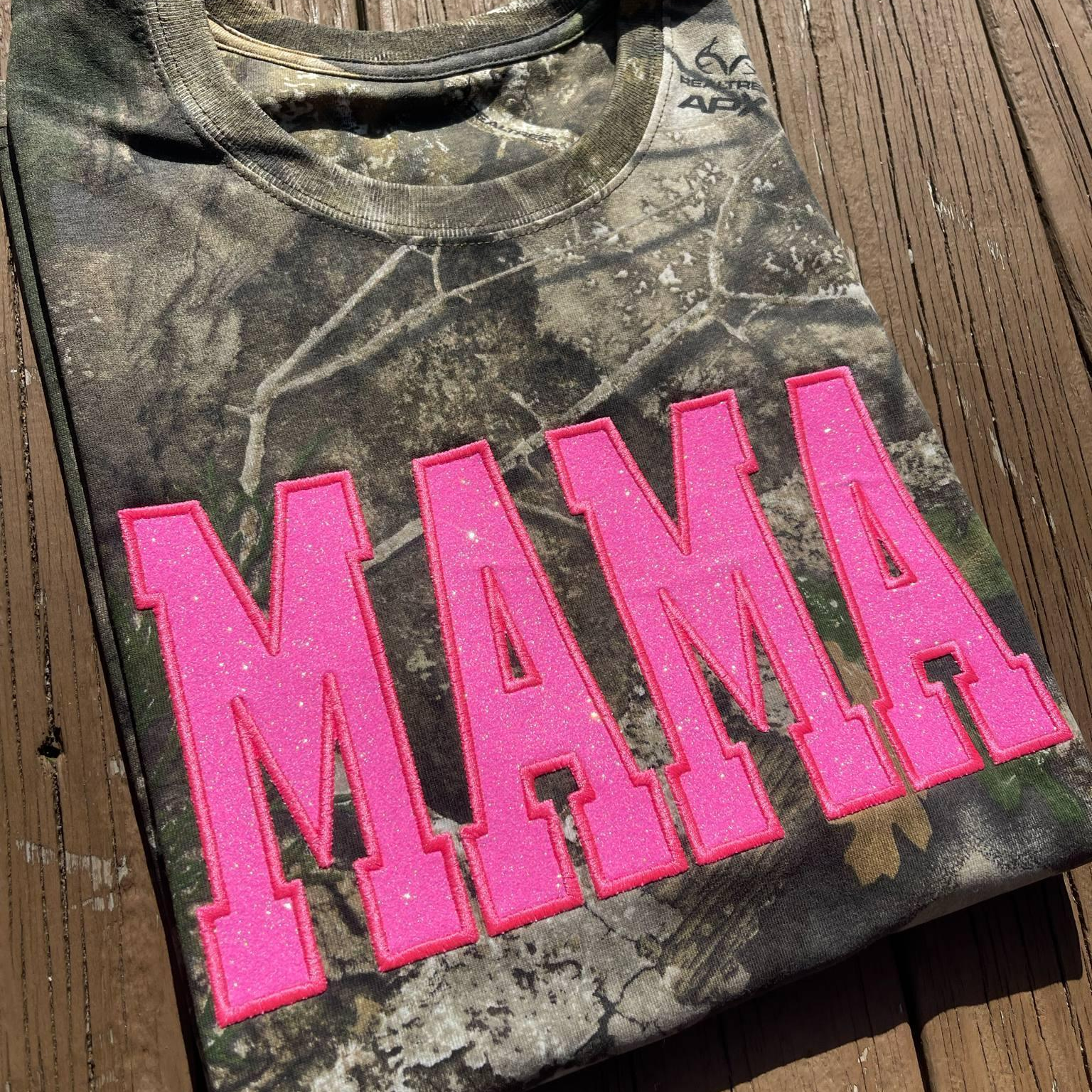 Neon Pink Mama Glitter Applique Embroidered Realtree Camo T-Shirt