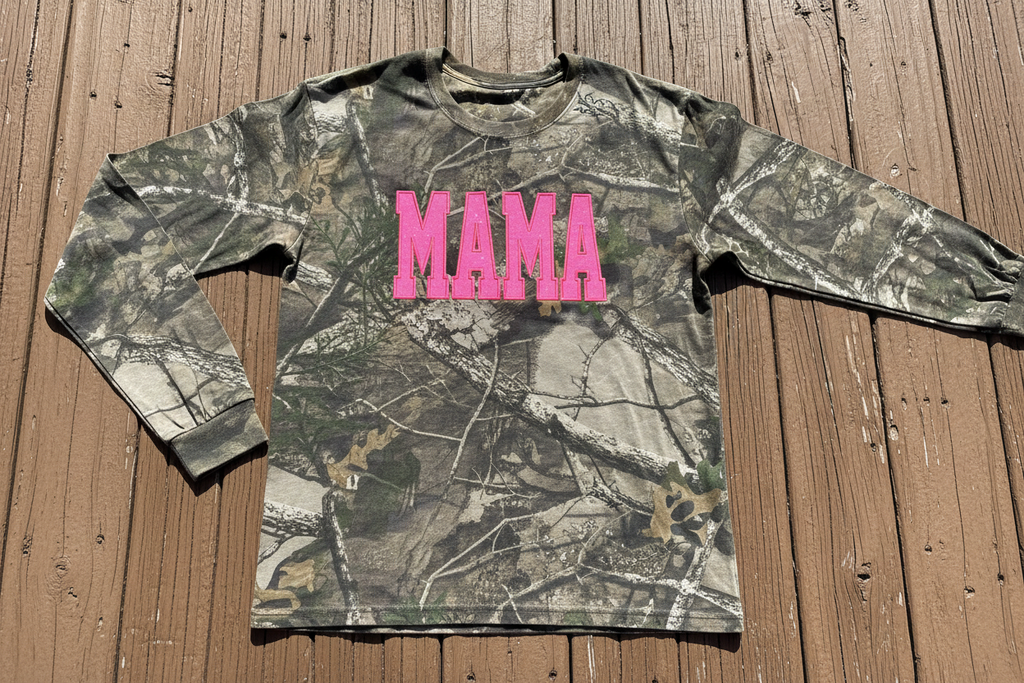 Neon Pink Mama Glitter Applique Embroidered Realtree Camo T-Shirt