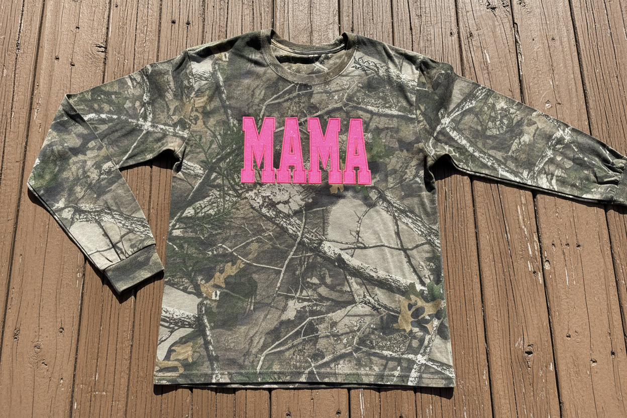 Neon Pink Mama Glitter Applique Embroidered Realtree Camo T-Shirt
