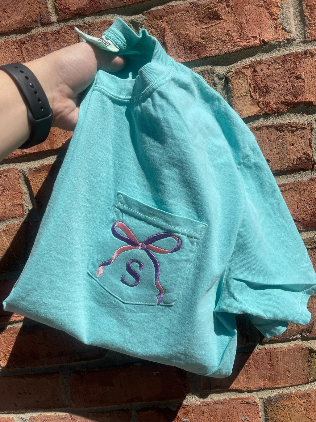 Two Tone Bow with Letter Embroidered Comfort Color Pocket Tee