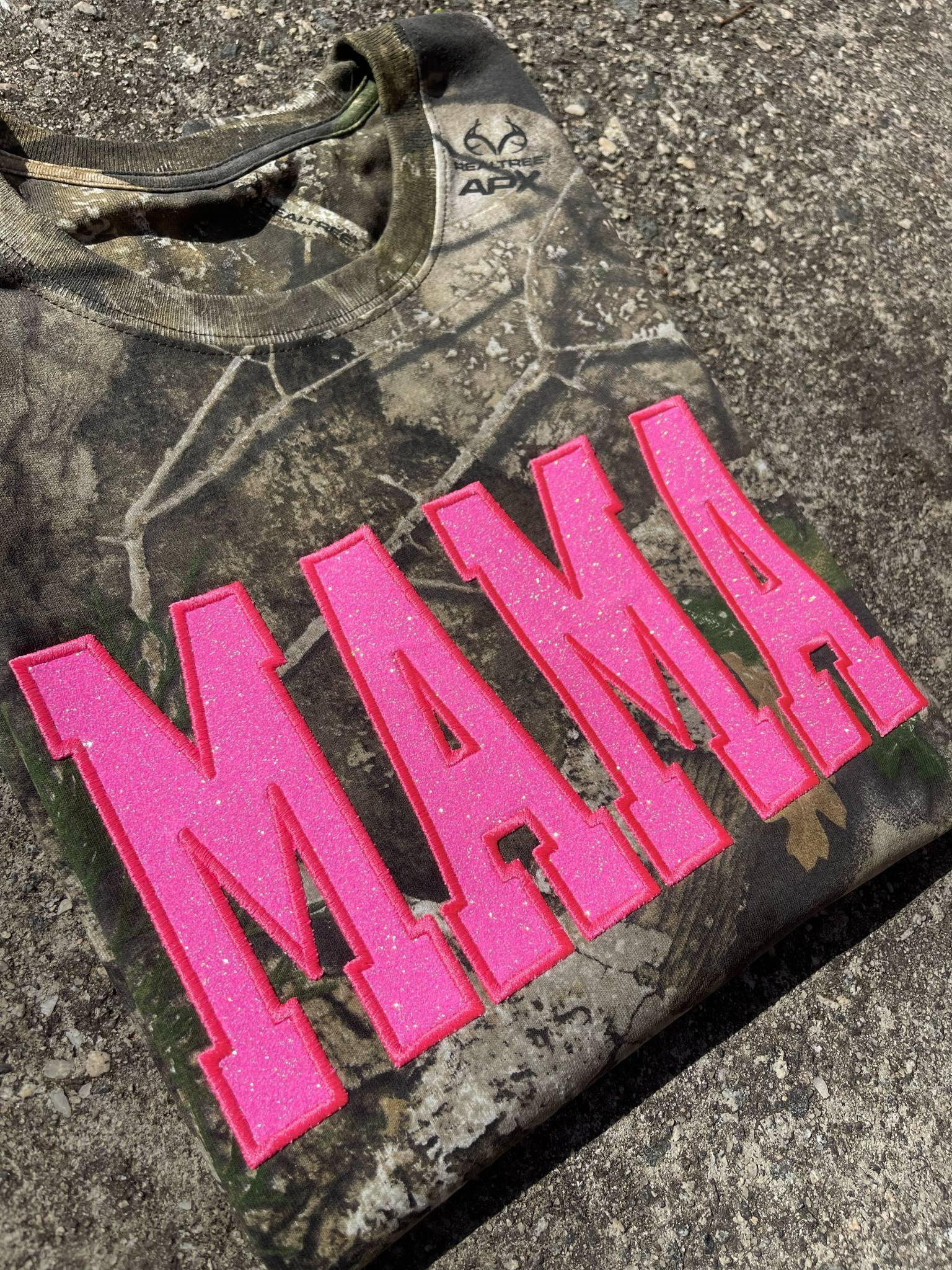 Neon Pink Mama Glitter Applique Embroidered Realtree Camo T-Shirt