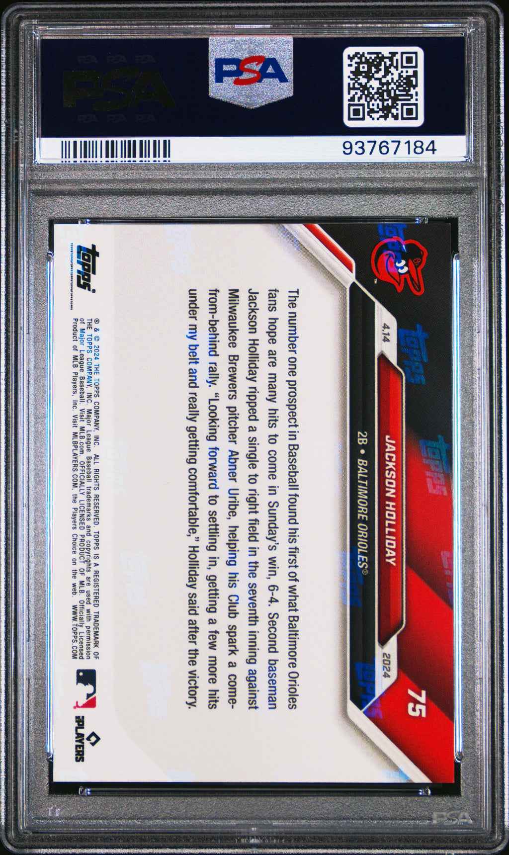 Graded 2024 Topps Now Jackson Holliday #75 1st Career Hit Rookie RC Baseball Card PSA 9 Mint