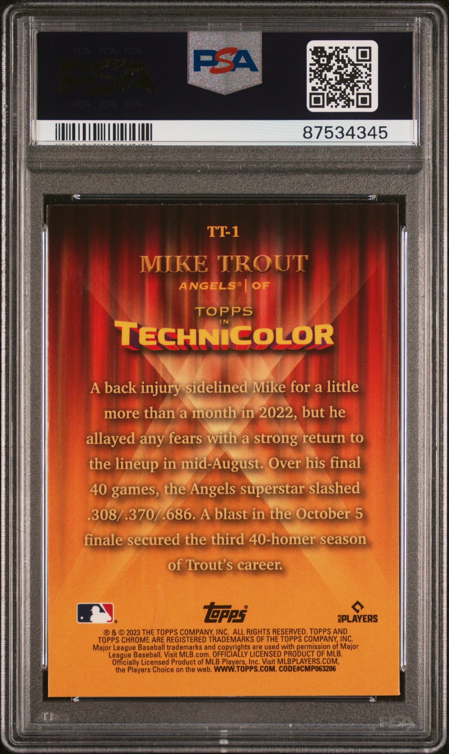 Graded 2023 Topps Chrome Mike Trout #TT1 Topps In Technicolor Baseball Card PSA 10 Gem Mint