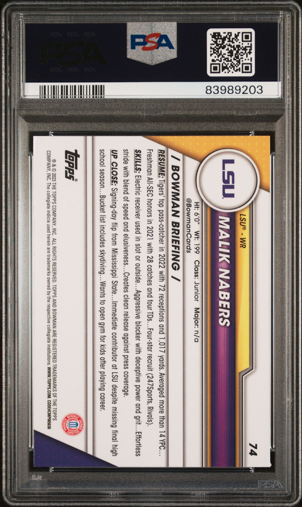 Graded 2023 Topps Bowman U Chrome Malik Nabers #74 Rookie RC Football Card PSA 10 Gem Mint