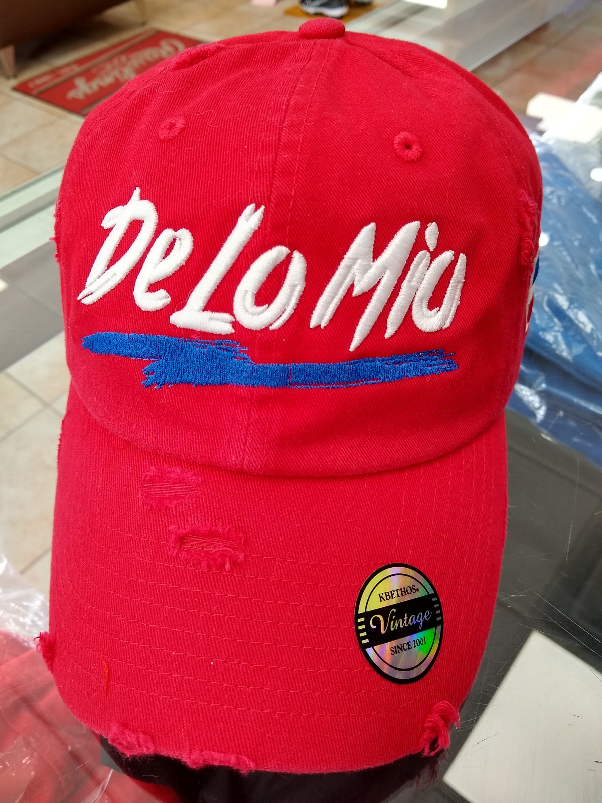 De lo mio embroidered  Logo Vintage Hat (Red / Full Color)