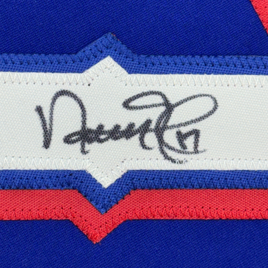 Framed Autographed/Signed Nathan Eovaldi 35x39 Texas Blue Baseball Jersey Beckett BAS COA