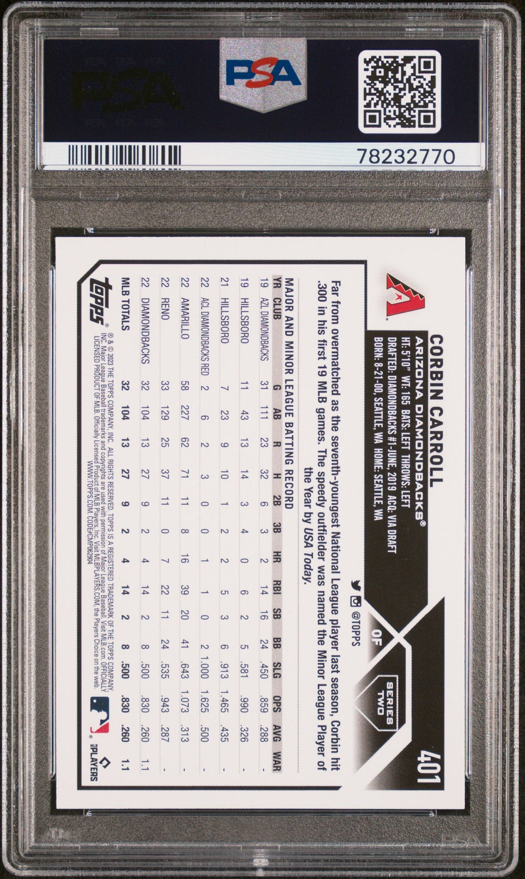 Graded 2023 Topps Corbin Carroll #401 Rookie RC Baseball Card PSA 10 Gem Mint