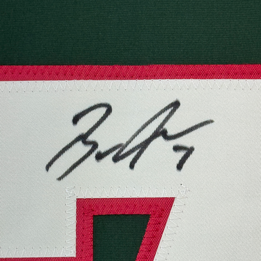 Framed Autographed/Signed Brock Faber 35x39 Minnesota Green Hockey Jersey JSA COA