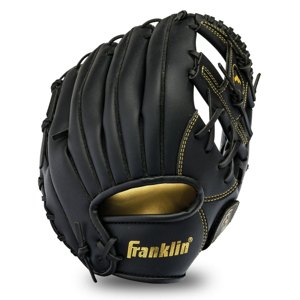 Black baseball glove with gold accents on a white background, featuring the Franklin logo.