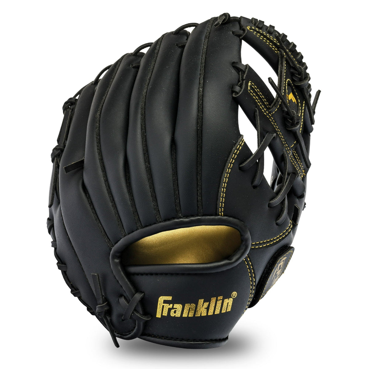 Black baseball glove with gold accents on a white background, featuring the Franklin logo.