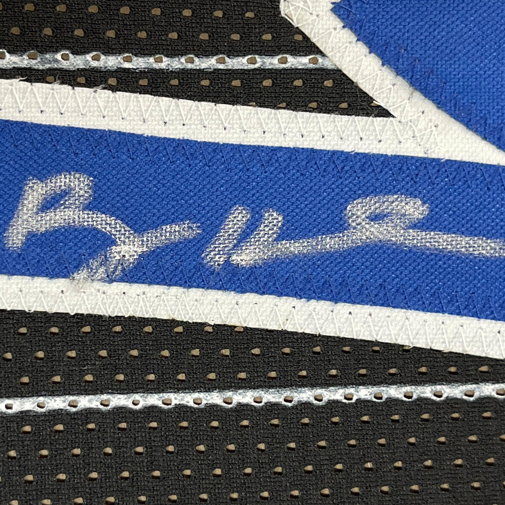 Framed Autographed/Signed Anfernee Penny Hardaway 35x39 Orlando Black Pinstripe Basketball Jersey PSA/DNA COA