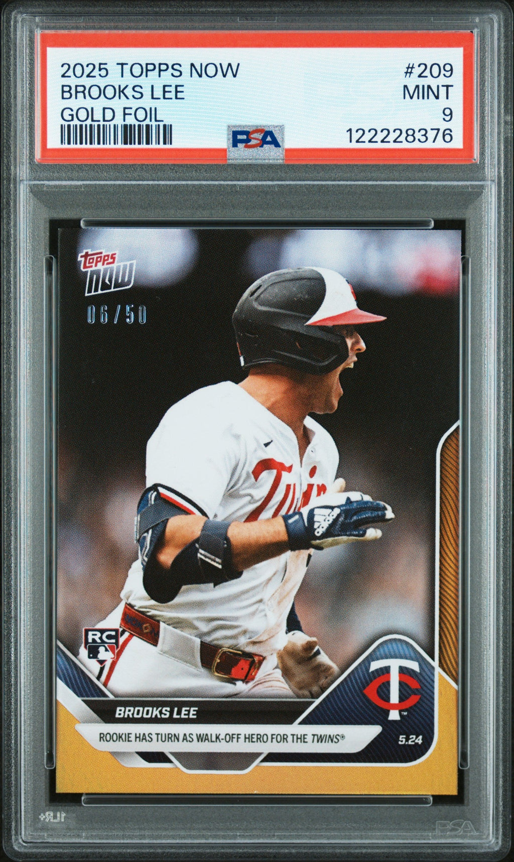 Graded 2025 Topps Now Brooks Lee #209 Gold Foil /50 Rookie RC Baseball Card PSA 9 Mint