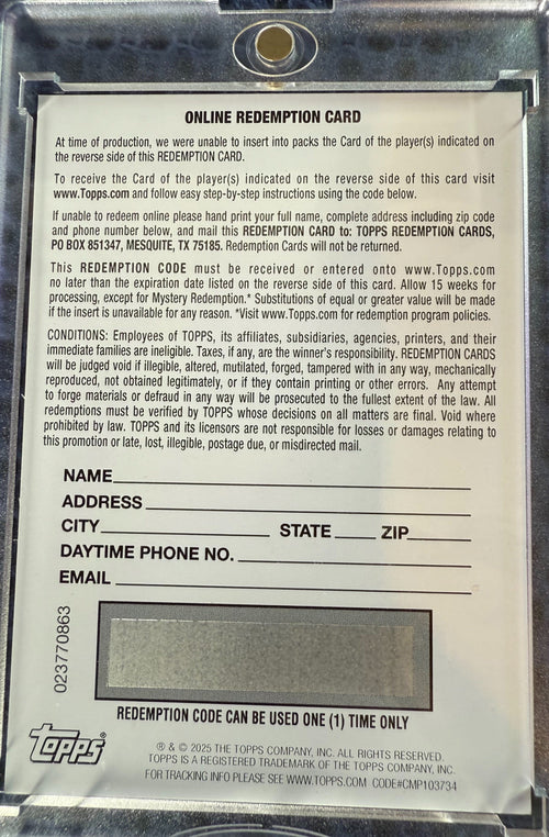 2025 Topps Now Cam Ward #D1 Draft Night Orange Auto /25 Redemption Rookie RC Football Card