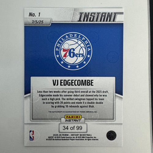 2025 Panini Instant VJ Edgecombe #1 /99 Autograph Rookie RC Basketball Card