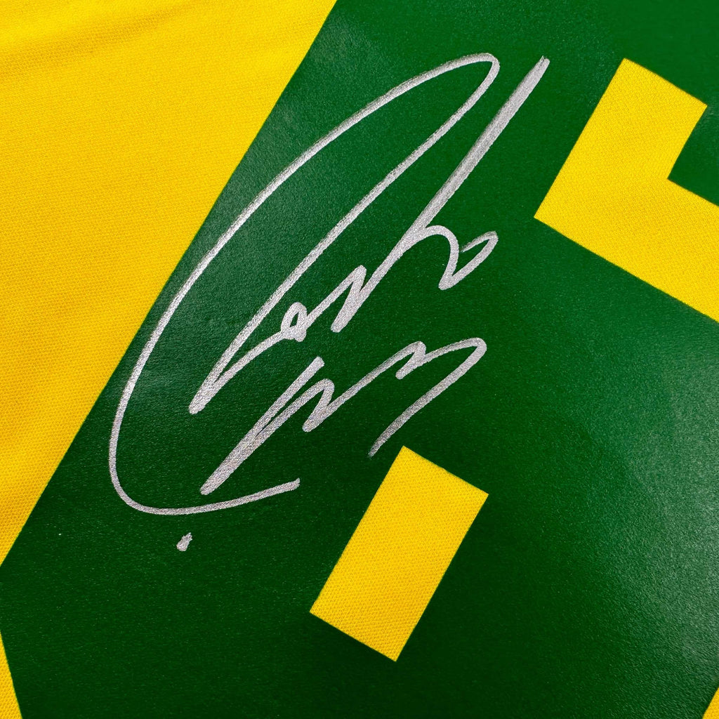 Autographed/Signed Roberto Carlos Brazil Yellow Retro Soccer Jersey Beckett BAS COA
