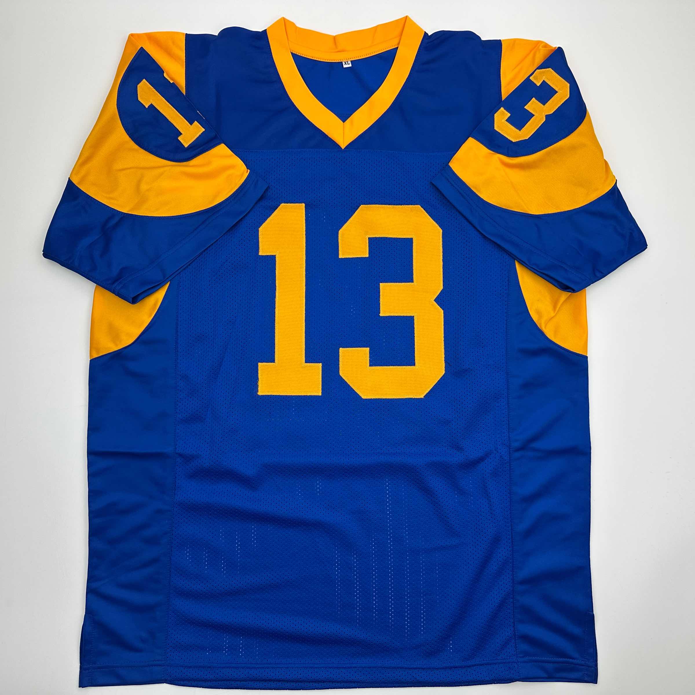 Autographed/Signed Kurt Warner St. Louis Blue Football Jersey JSA COA