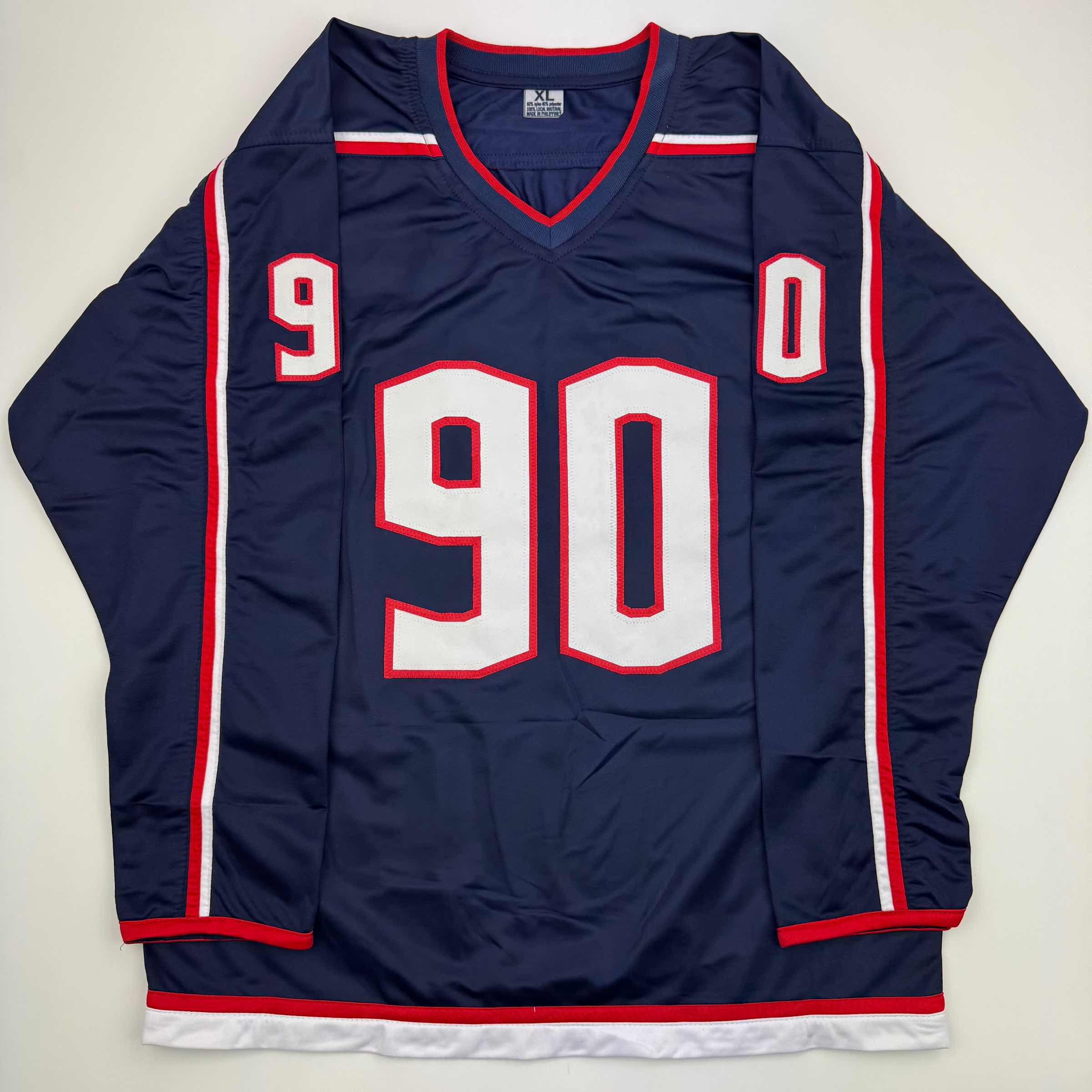 Autographed/Signed Elvis Merzlikins Columbus Blue Hockey Jersey Beckett BAS COA