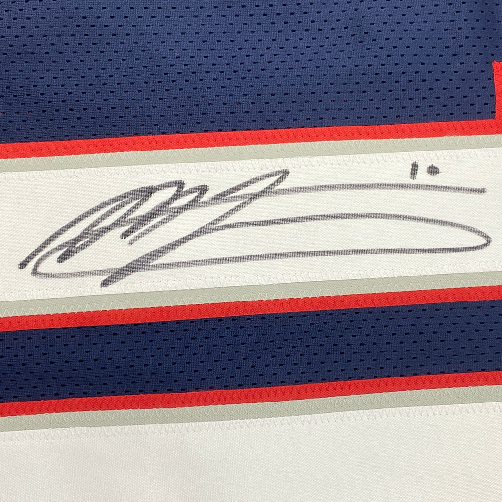 Autographed/Signed Mac Jones New England Blue Football Jersey Beckett BAS COA