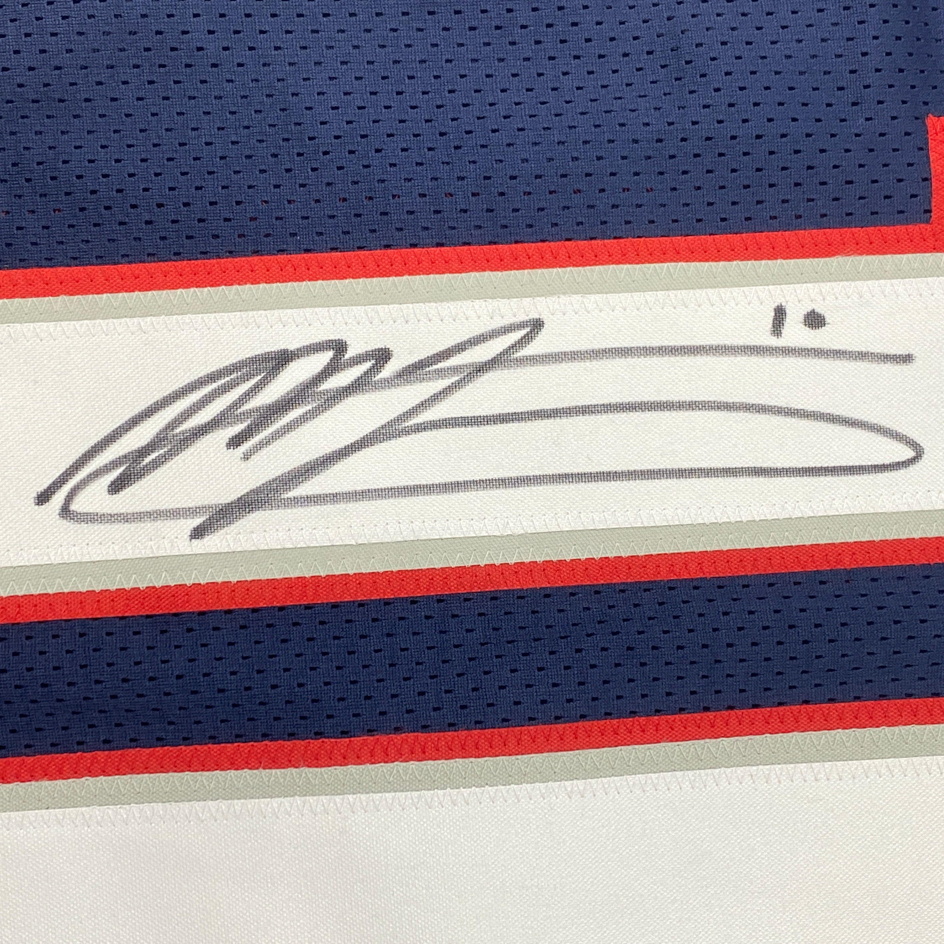 Autographed/Signed Mac Jones New England Blue Football Jersey Beckett BAS COA