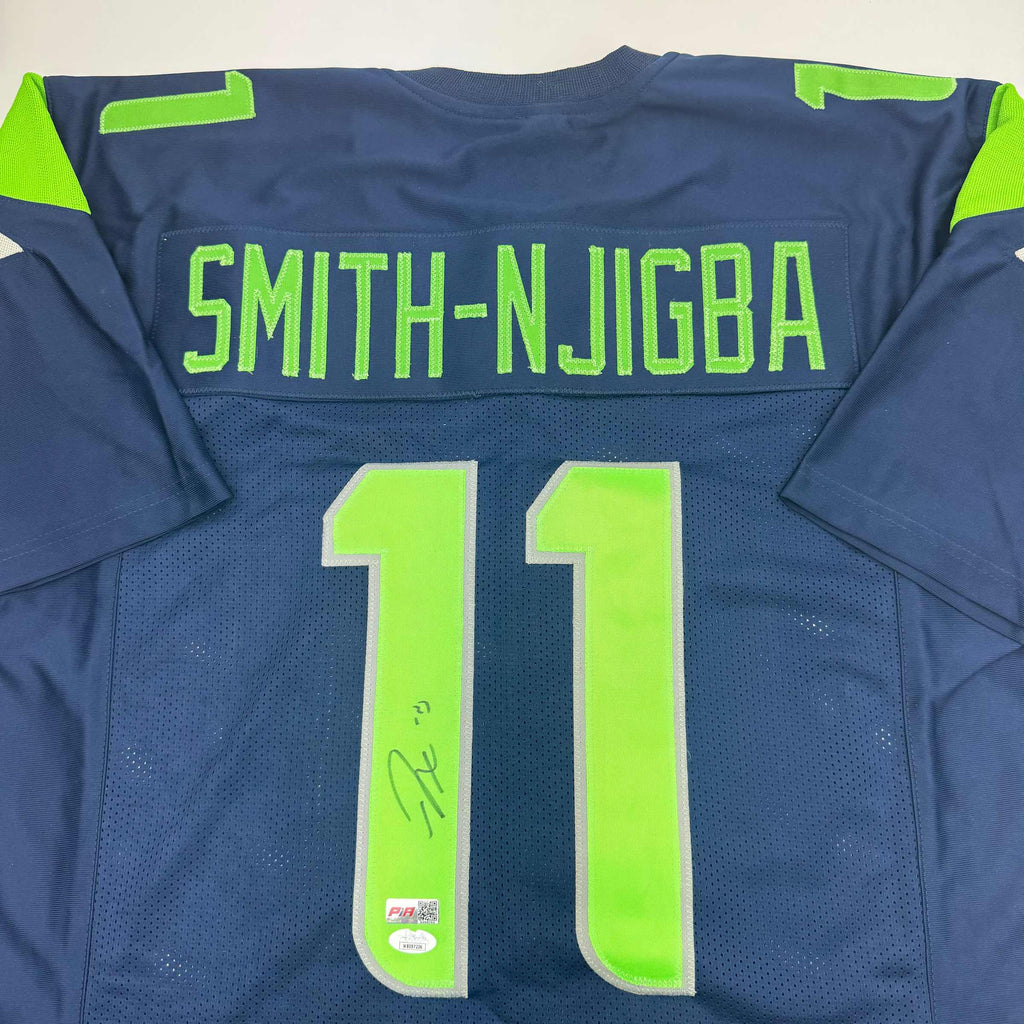 Autographed/Signed Jaxon Smith-Njigba Seattle Blue Football Jersey Beckett BAS COA