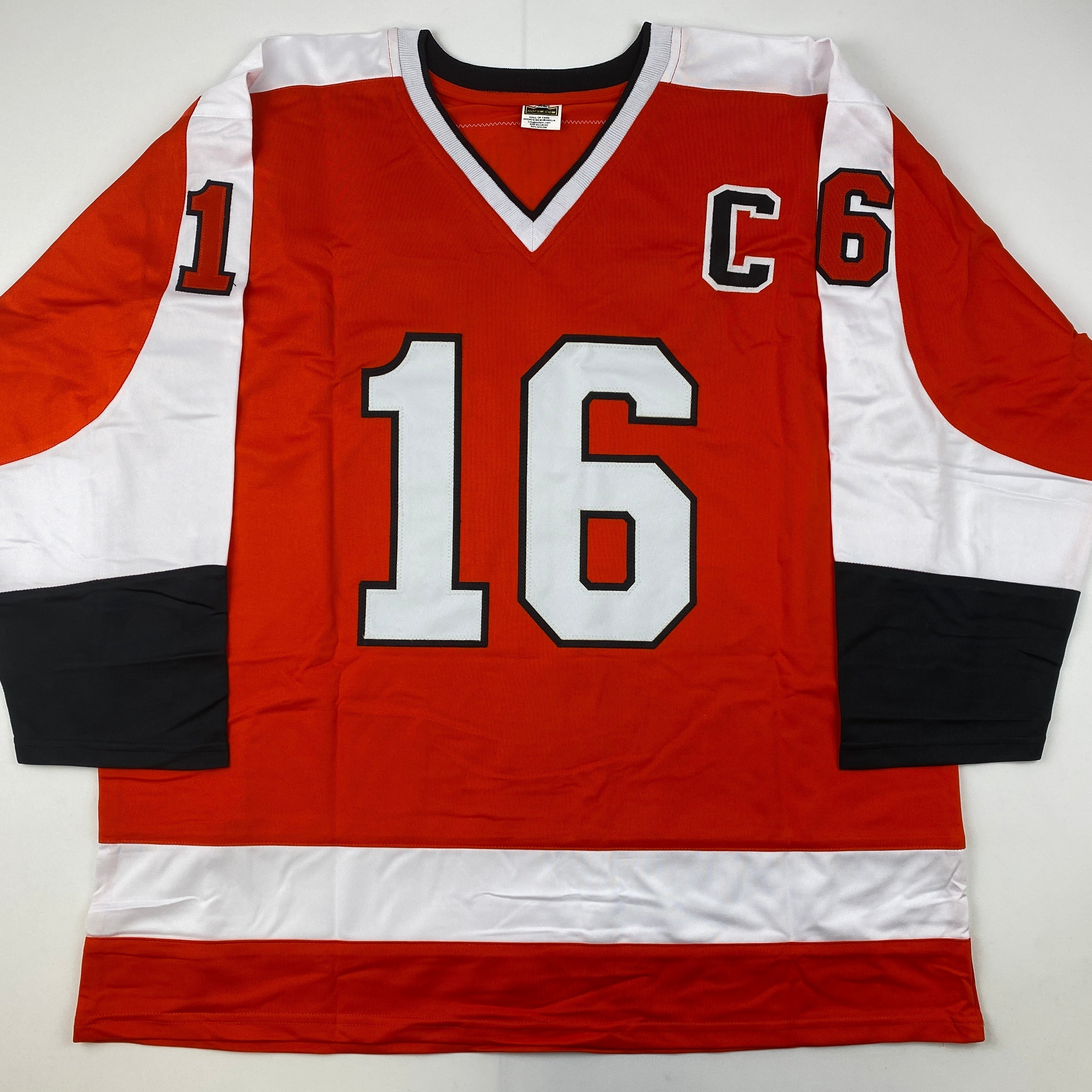 Autographed/Signed Reggie Leach, Bobby Clarke & Bill Barber Philadelphia Orange Hockey Jersey PSA/DNA COA