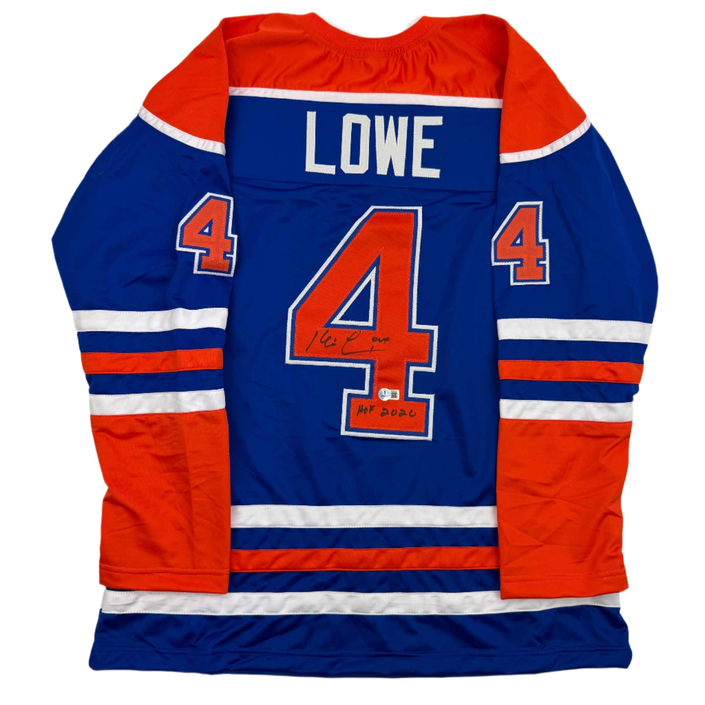 Autographed/Signed Kevin Lowe "HOF 2020" Edmonton Blue Hockey Jersey Beckett BAS COA