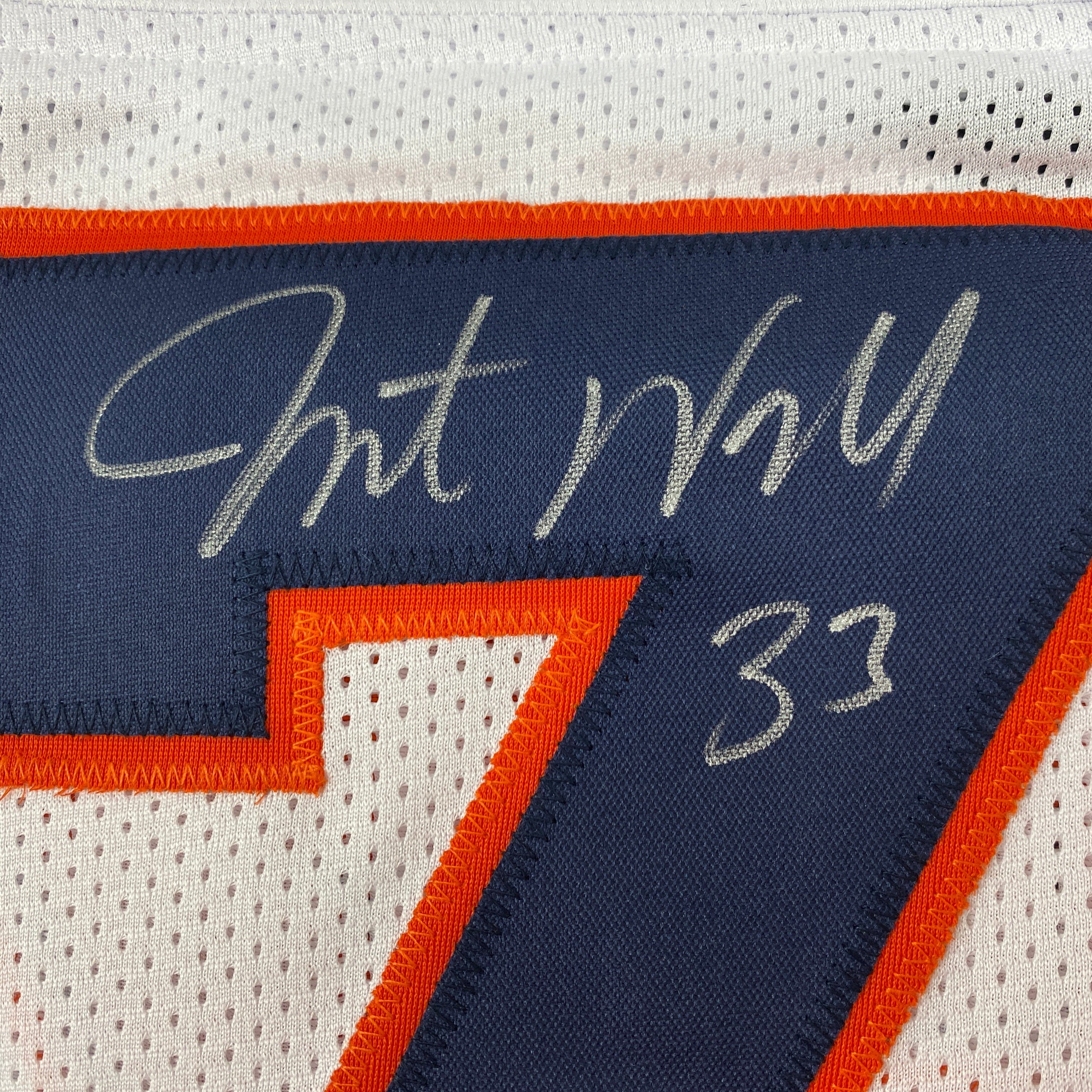 Autographed/Signed Javonte Williams Denver White Football Jersey Beckett BAS COA