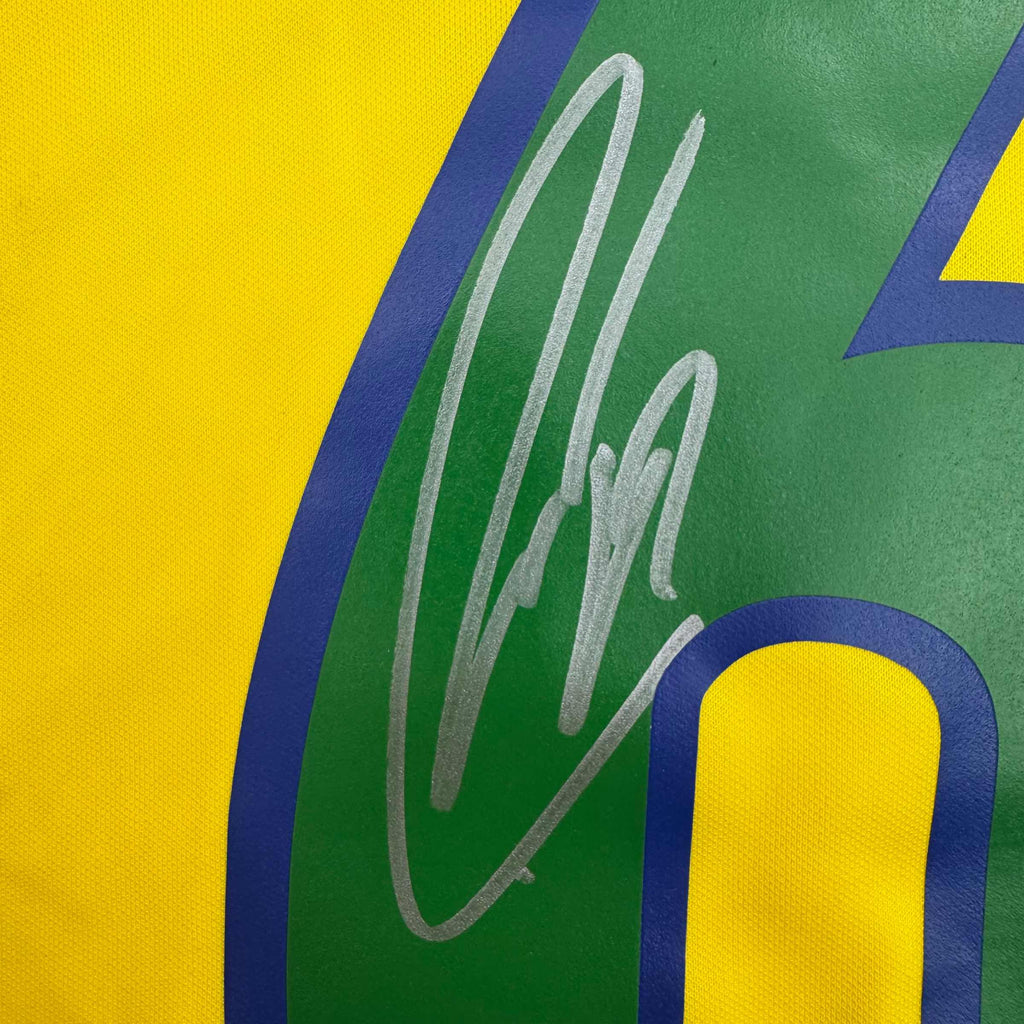 Autographed/Signed Roberto Carlos Brazil Yellow Soccer Jersey Beckett BAS COA