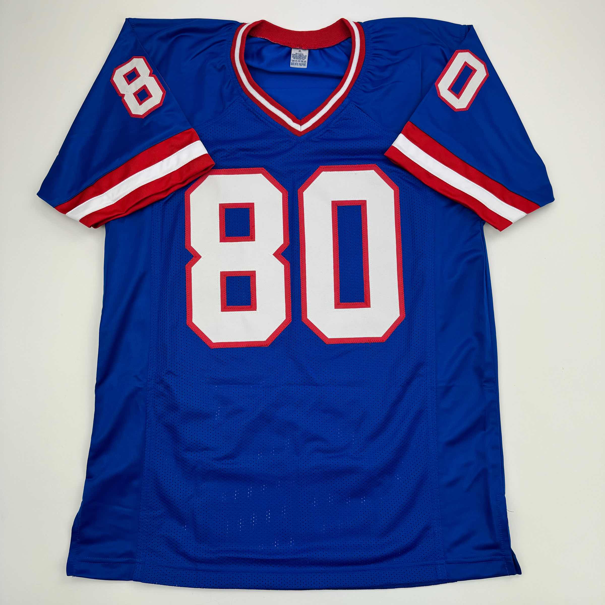 Autographed/Signed Jeremy Shockey New York Blue Football Jersey JSA COA #2