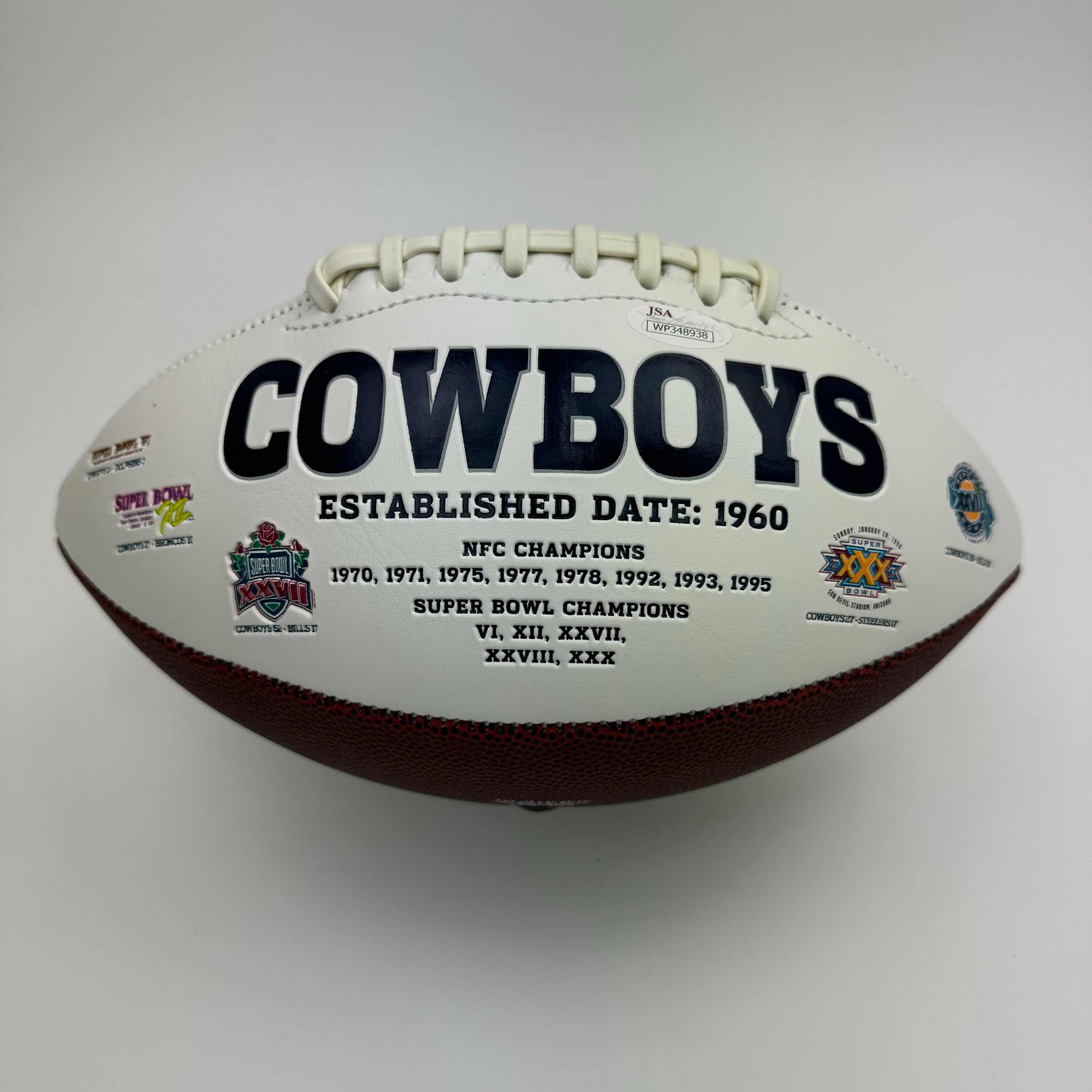 Autographed/Signed Dak Prescott Dallas Cowboys Full Size F/S White Panel Logo Football JSA COA
