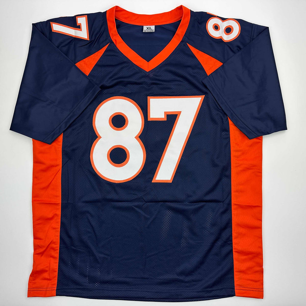 Autographed/Signed Ed McCaffrey 2x SB Champs Denver Blue Football Jersey Beckett BAS COA