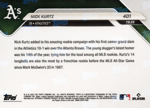 2025 Topps Now Nick Kurtz #401 Black Foil /10 Athletics Rookie RC Baseball Card