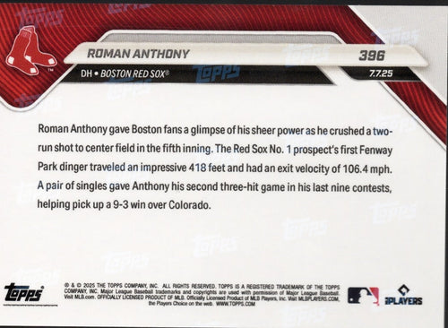 2025 Topps Now Roman Anthony #396 Orange Foil /25 Boston Red Sox Rookie RC Baseball Card