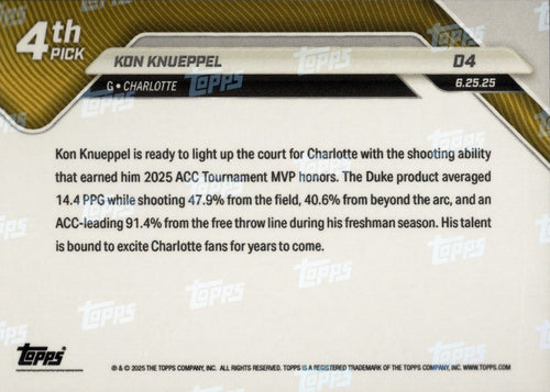 2025 Topps Now Kon Knueppel #D4 Blue Foil /75 Charlotte Hornets Rookie RC Basketball Card