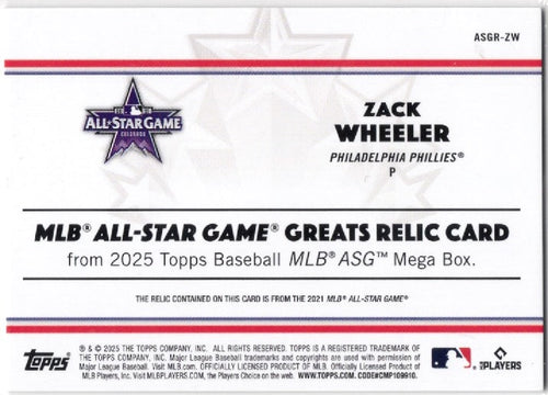 2025 Topps Zack Wheeler #ASGRZW All Star Game Greats Relic Philadelphia Phillies Baseball Card