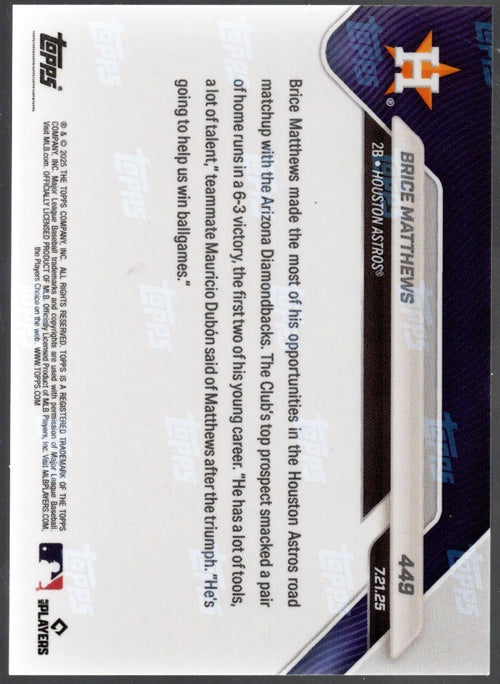 2025 Topps Now Brice Matthews #449 Red Foil /5 Houston Astros Rookie RC Baseball Card