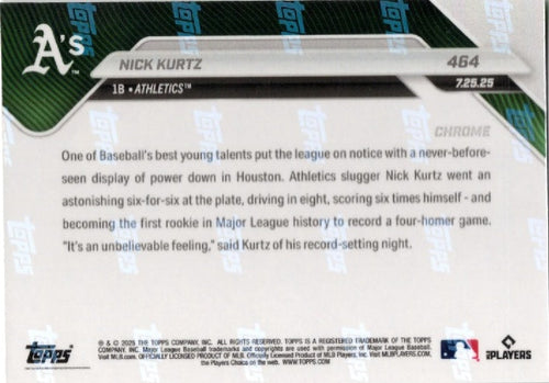 2025 Topps Now Nick Kurtz #464 Green Chrome /99 Athletics Rookie RC Baseball Card