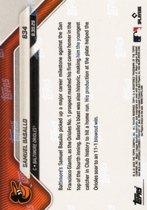 2025 Topps Now Samuel Basallo #634 Black Foil /10 Baltimore Orioles Rookie RC Baseball Card