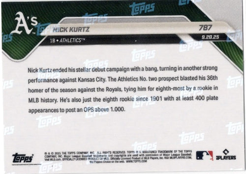 2025 Topps Now Nick Kurtz #787 Black Foil /10 Athletics Rookie RC Baseball Card
