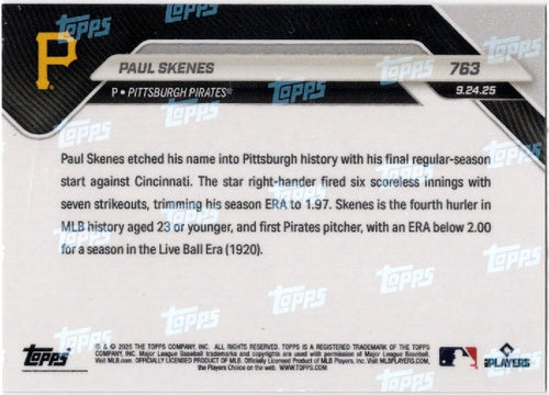 2025 Topps Now Paul Skenes #763 Orange Foil /50 Pittsburgh Pirates Baseball Card