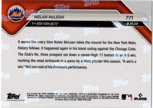 2025 Topps Now Nolan McLean #771 Gold Foil /50 New York Mets Rookie RC Baseball Card