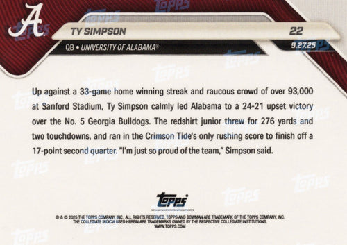 2025 Topps Bowman U Now Ty Simpson #22 Orange Foil /25 Alabama Crimson Tide Rookie RC Football Card