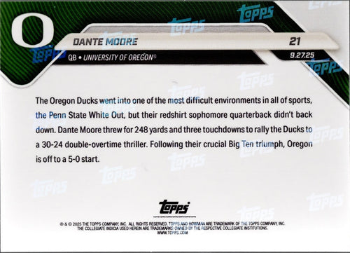 2025 Topps Bowman U Now Dante Moore #21 Black Foil /10 Oregon Ducks Rookie RC Football Card
