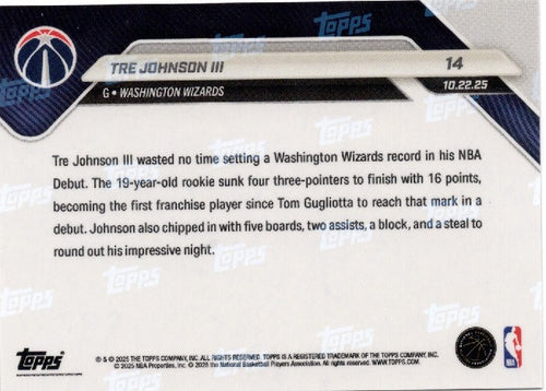2025 Topps Now Tre Johnson #14 Green Foil /99 Washington Wizards Rookie RC Basketball Card