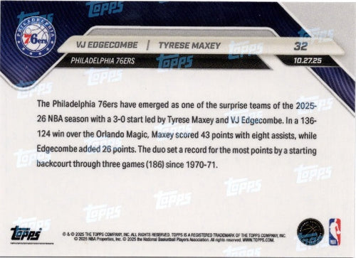 2025 Topps Now VJ Edgecombe/Tyrese Maxey #32 Gold Foil /50 Basketball Card