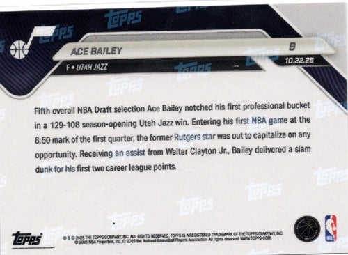 2025 Topps Now Ace Bailey #9 Gold Foil /50 Utah Jazz Rookie RC Basketball Card