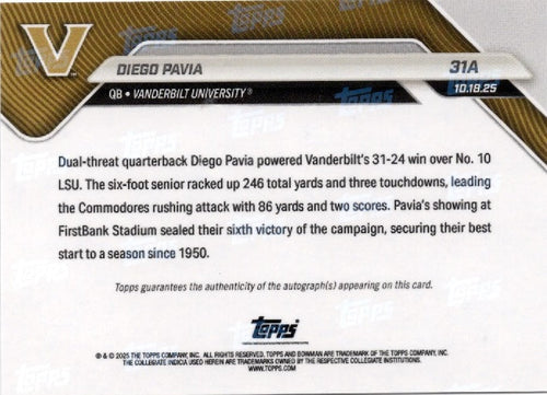 2025 Topps Bowman U Now Diego Pavia #31A Black Auto /10 Vanderbilt Commodores Rookie RC Football Card
