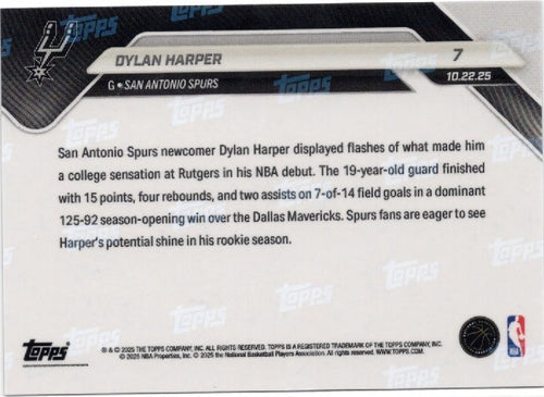 2025 Topps Now Dylan Harper #7 Gold Foil /50 San Antonio Spurs Rookie RC Basketball Card