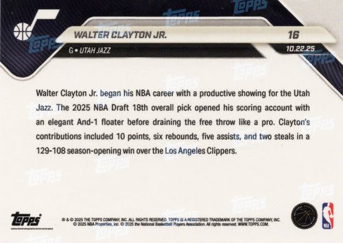 2025 Topps Now Walter Clayton Jr #16 Gold Foil /50 Utah Jazz Rookie RC Basketball Card